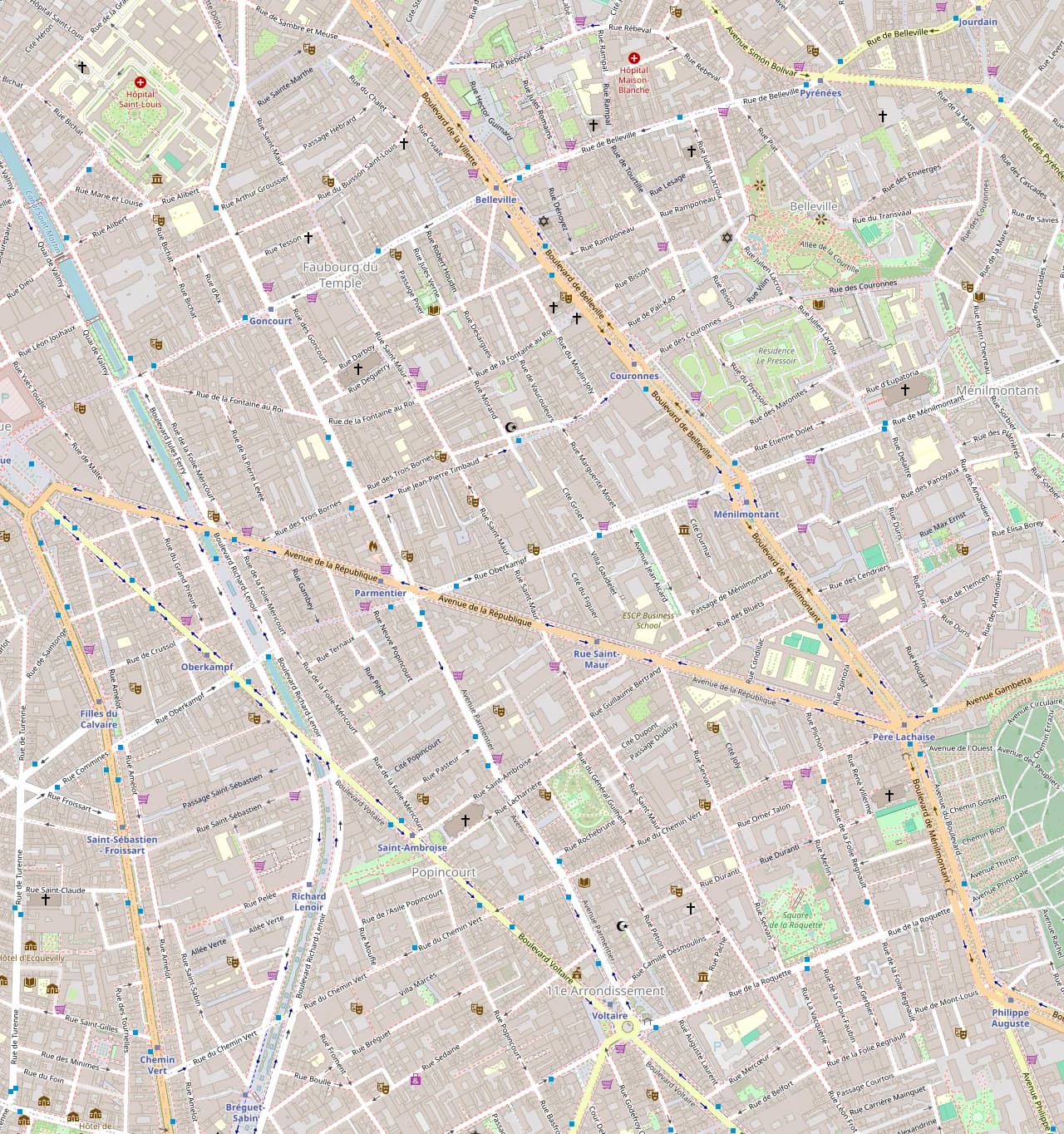 Plan du 11e arrondissement de Paris, autour de la rue Oberkampf